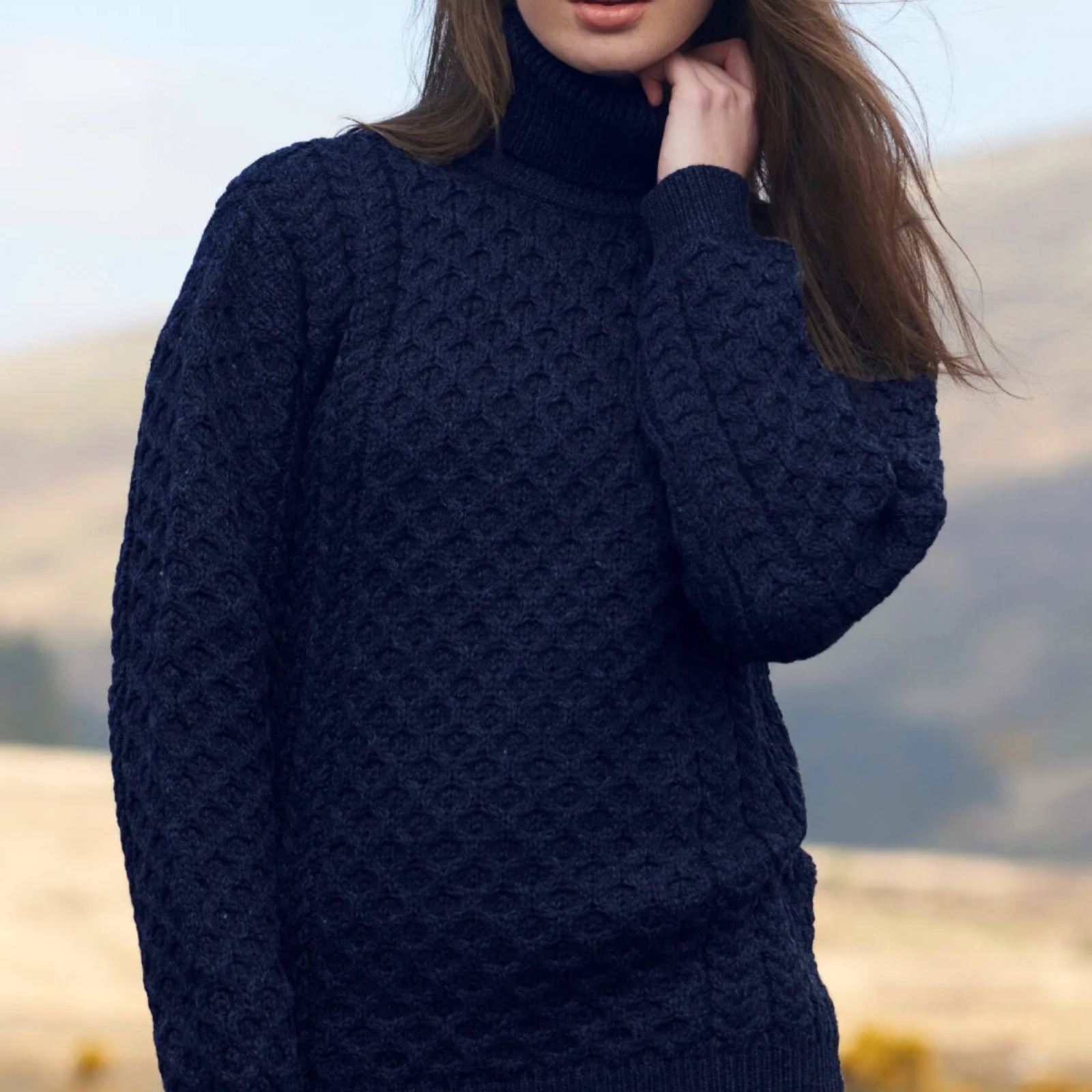Merino Polo Neck Sweater - Navy - ARAN CRAFTS